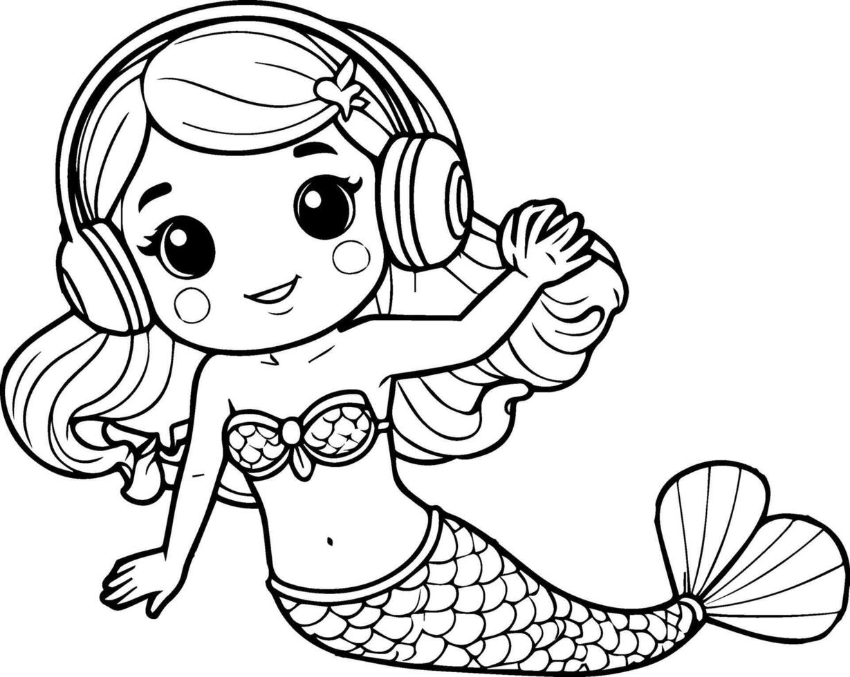 Cheerful Cartoon Mermaid Listening to Music through Headphones in Underwater World vector