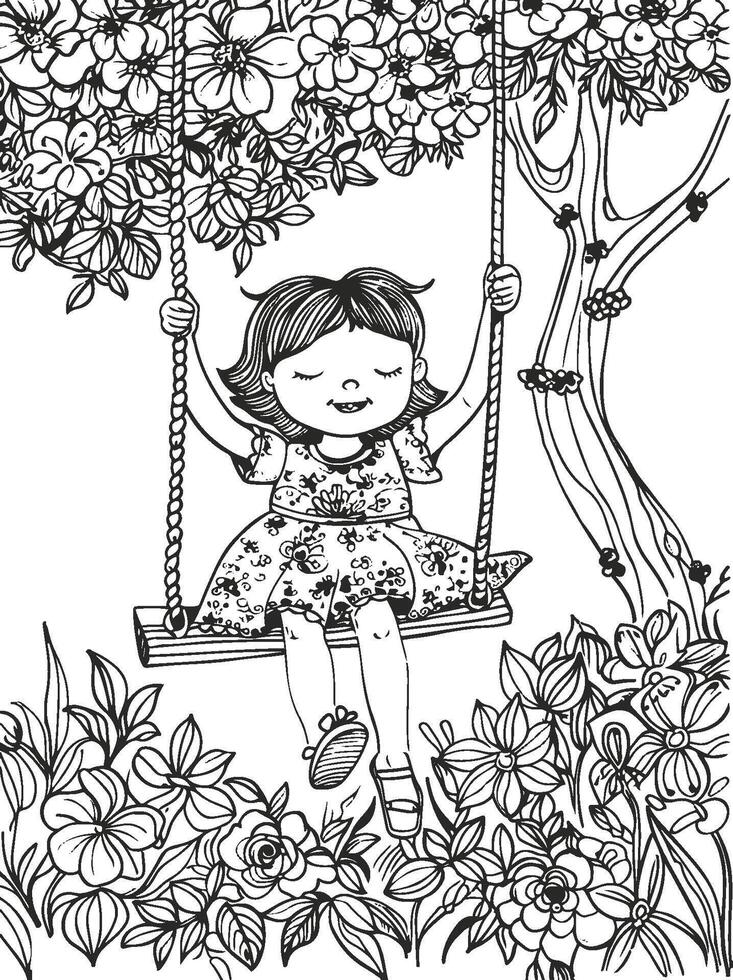 Joyful Girl Swinging Under Flowering Tree in Serene Garden vector