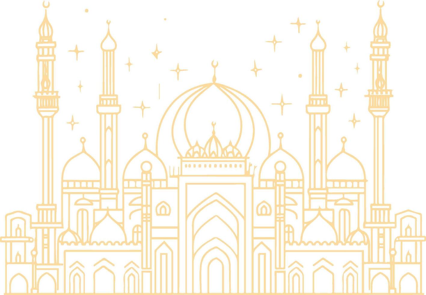 Majestic Golden Mosque Silhouette Under a Starry Sky with Crescent Moons and Clouds vector