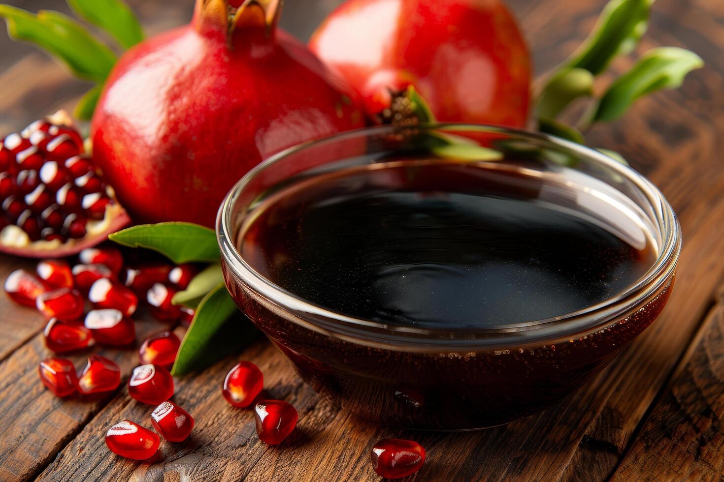 Pomegranate molasses and fresh fruit in bowl, sour sauce with ripe pomegranates on table photo