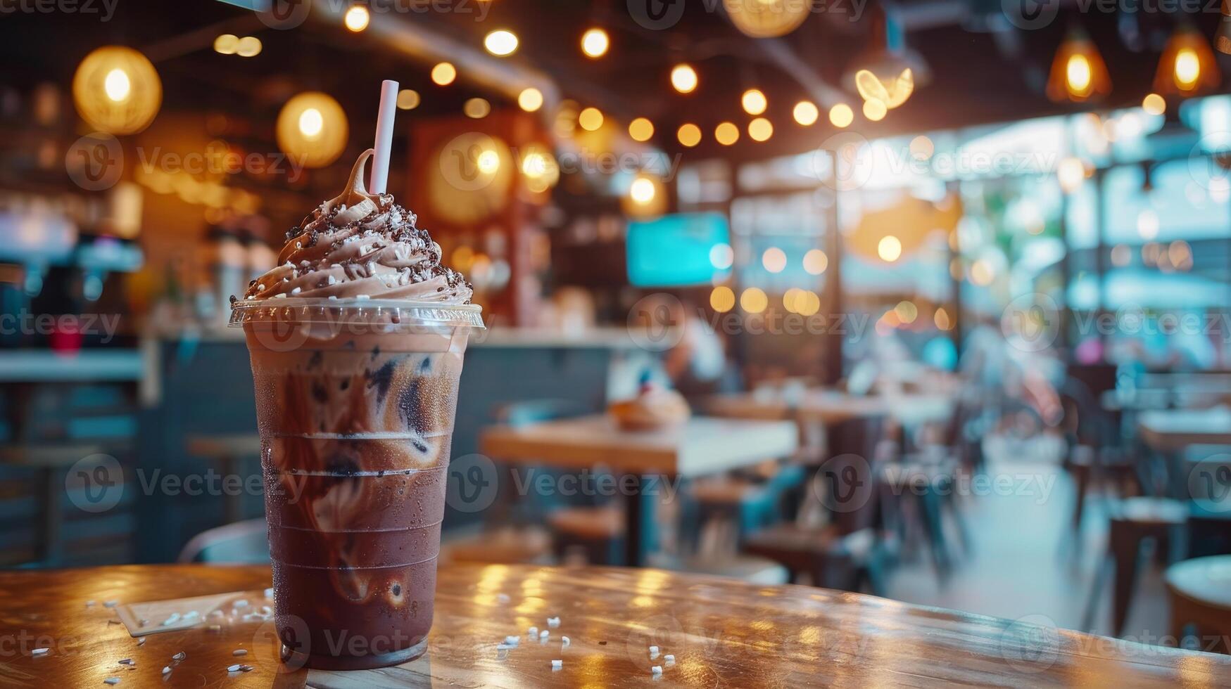 Cup frappe food photography on blurred background with copy space for text placement photo