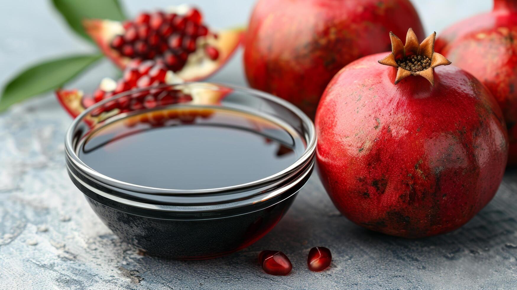 Pomegranate molasses and sour sauce with ripe fruit on table, whole and split pomegranate photo