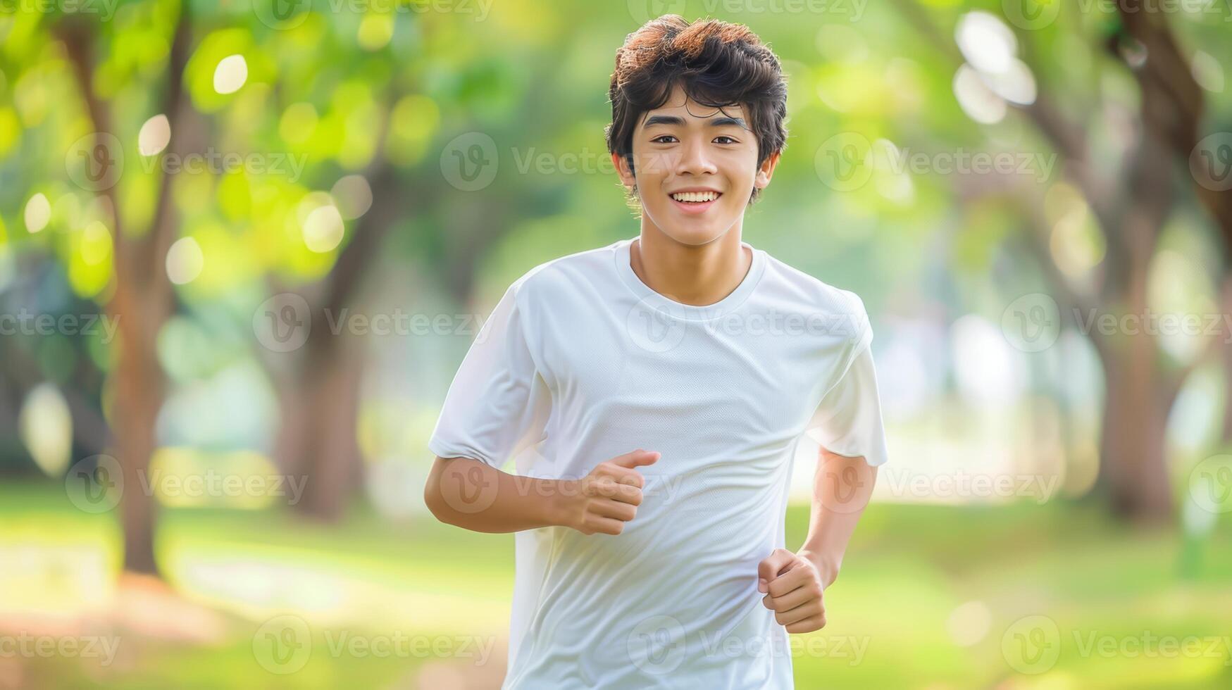 Joyful asian man exercises with a happy run in natural surroundings for fitness and well being photo