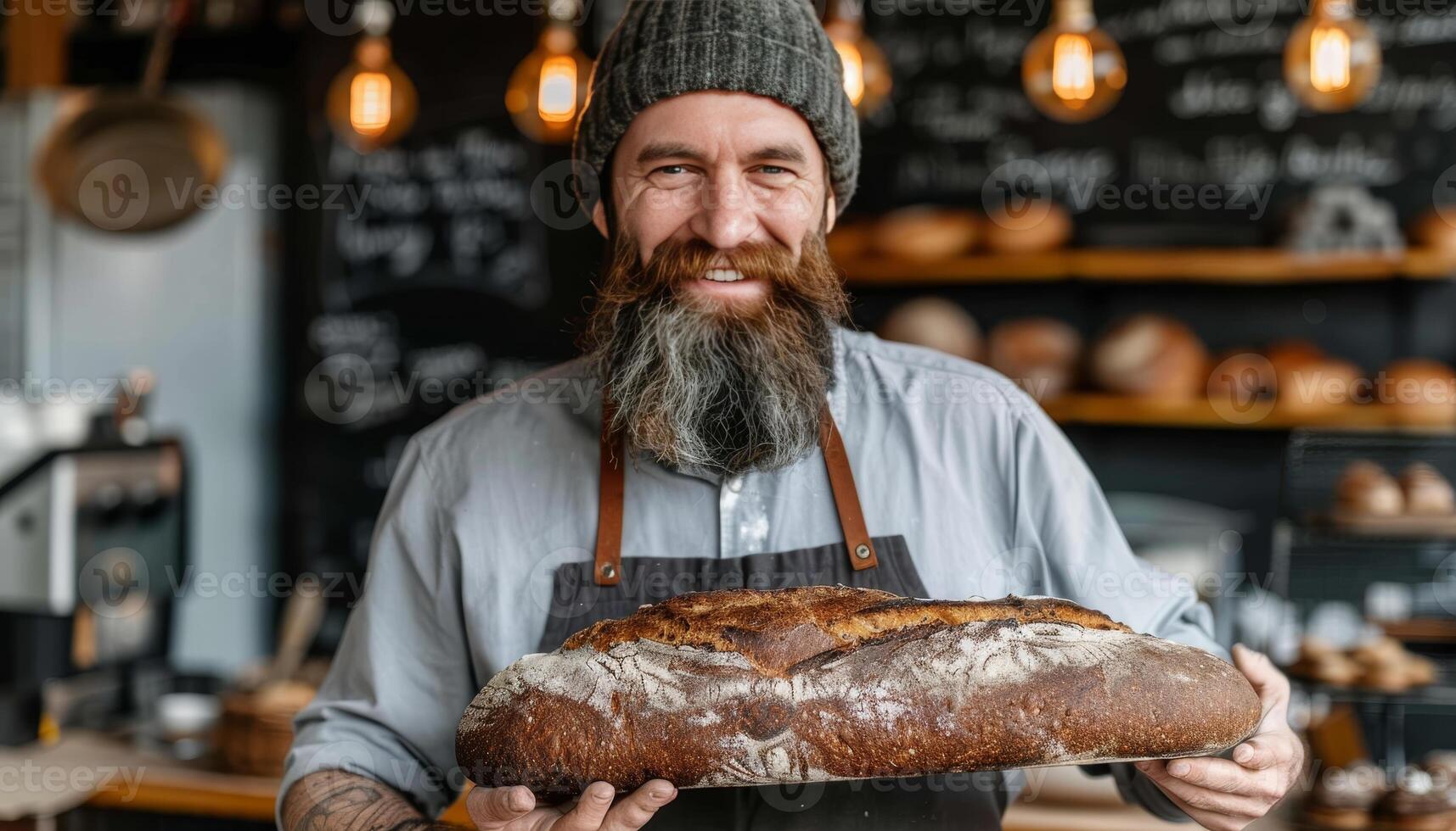 Joyful bearded baker in apron proudly presenting freshly baked artisan bread for display photo