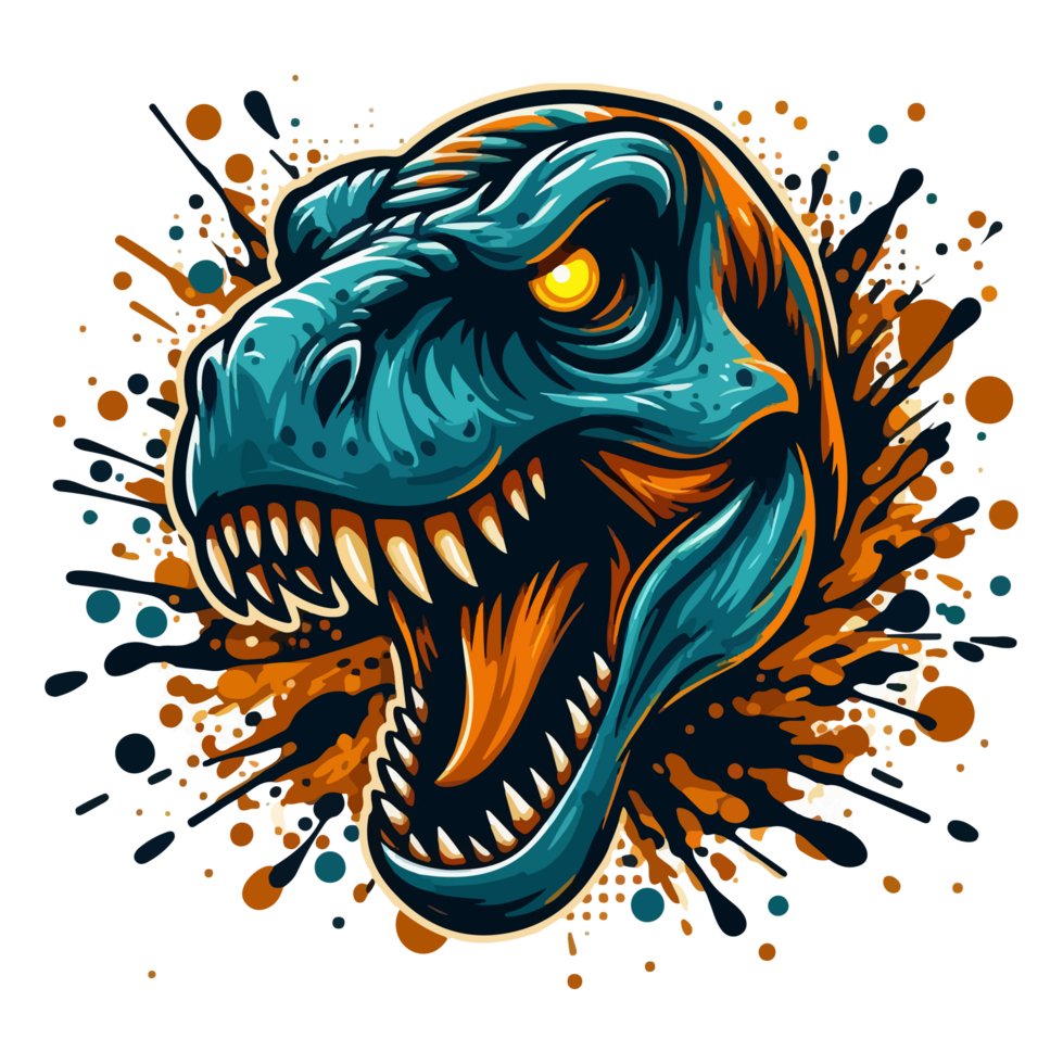 t-rex head with fire and blood splatters on a transparent background png