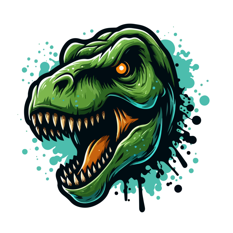 t-rex head with fire and blood splatters on a transparent background png