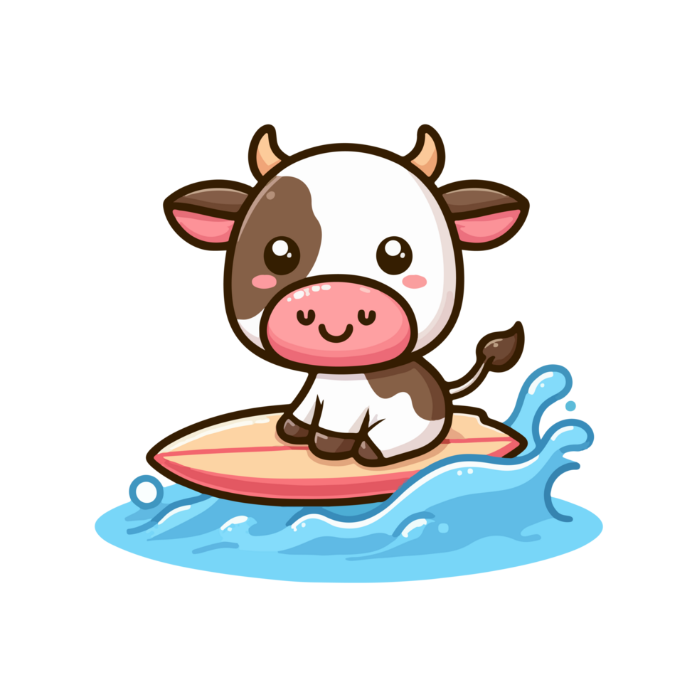 desenho animado vaca surfar em uma prancha de surfe png