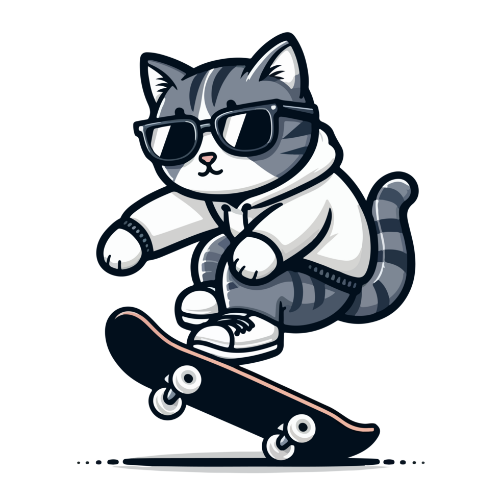 Karikatur Katze tragen Brille und Krawatte Reiten ein Skateboard png