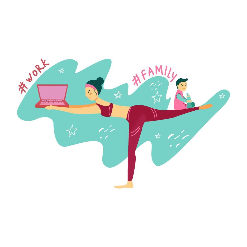 Yoga of a working mother. A woman stands and keeps the balance between work and family. A metaphor for the state of working mother vector