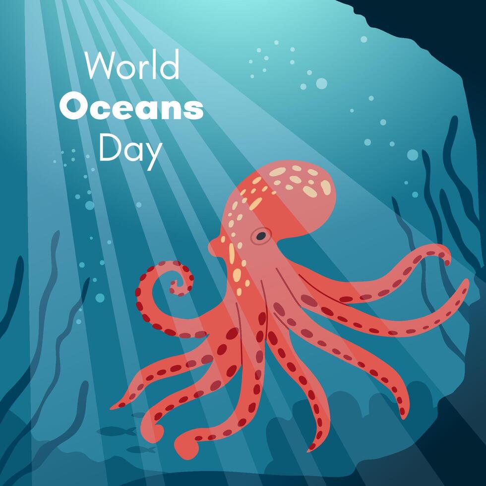 World Oceans Day. Greeting card, banner, social media post template. Sea background with octopus. vector