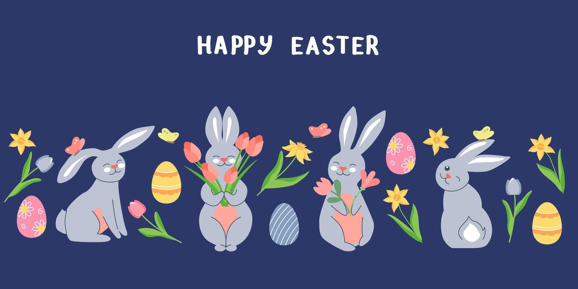 Set of square Happy Easter greeting cards. Cute characters, spring flowers on a blue background. Templates for printing greeting cards, banners, packaging. vector