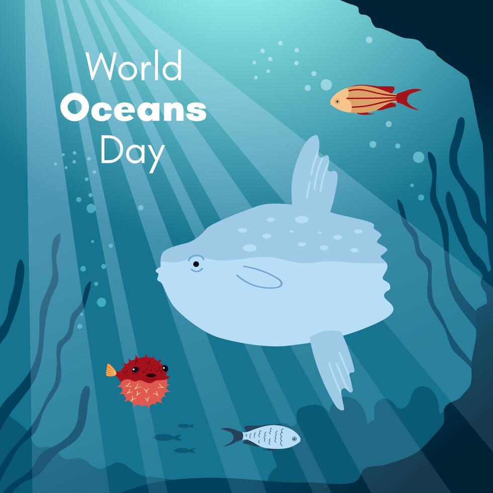 World Oceans Day. Greeting card, banner, social media post template. Sea background with sun fish, fugu fish. vector