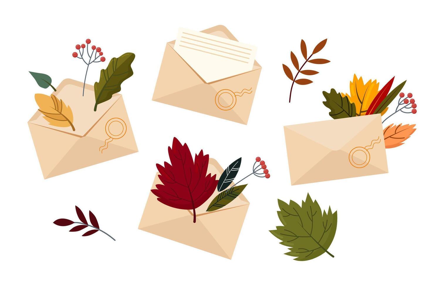 Envelopes set with beautiful autumn leaves and letters. vector