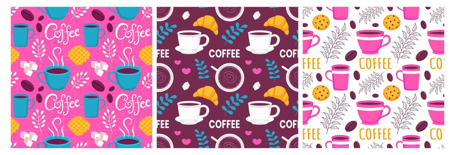 Coffee Time Seamless Pattern Design With Cacao Beans, Grains and Jug in Cartoon Flat Illustration vector