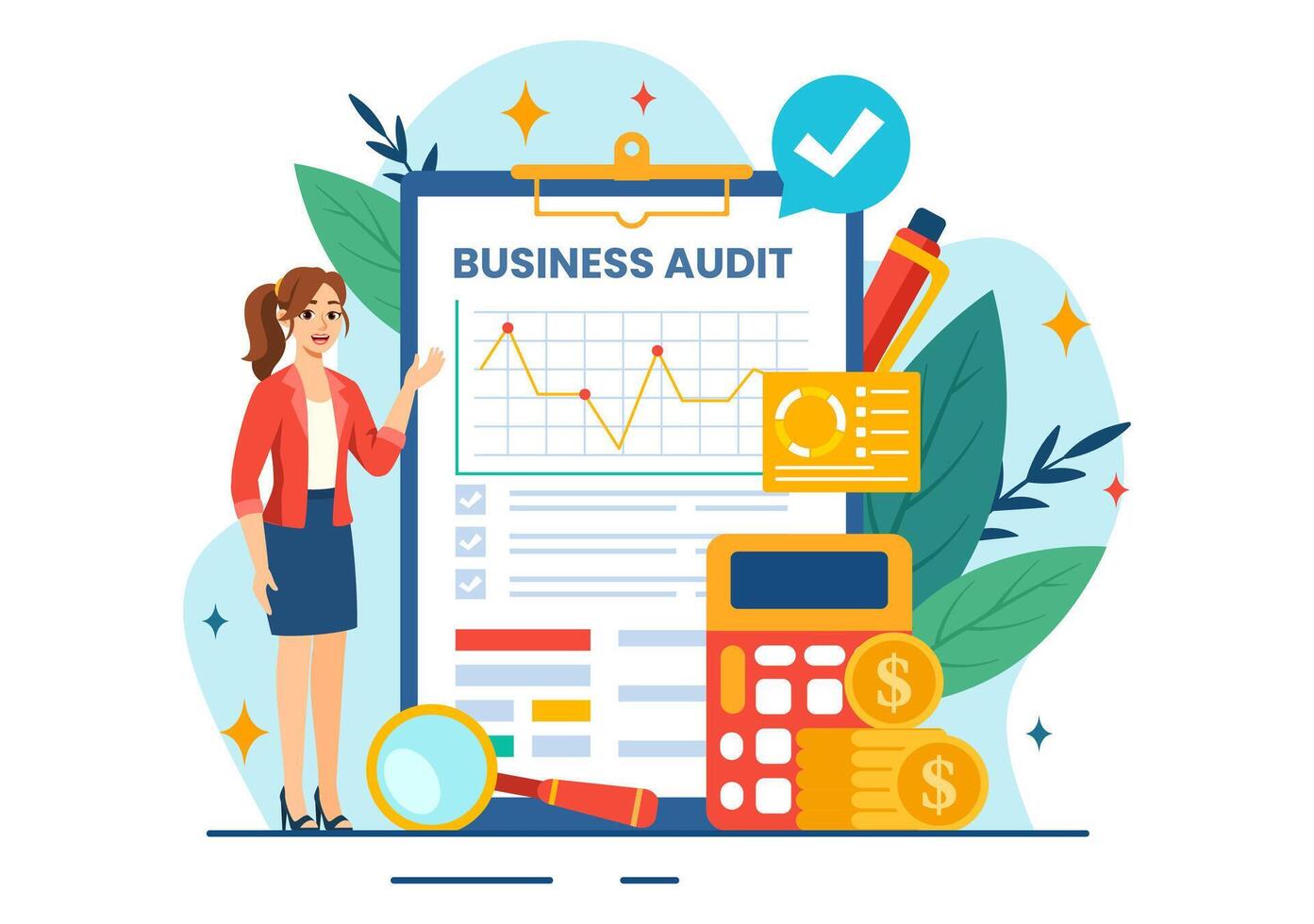 Business Audit Documents Illustration with Charts, Accounting, Calculations and Financial Report Analytics in Flat Cartoon Background vector
