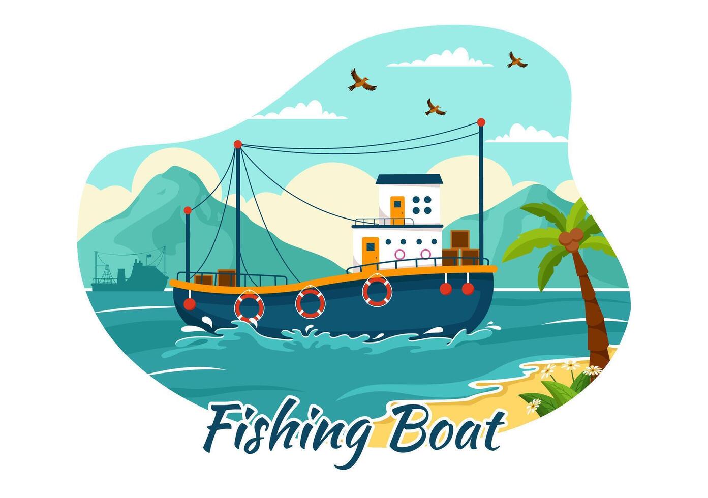 pescar barco ilustración con pescadores caza pescado utilizando Embarcacion a mar en plano dibujos animados antecedentes diseño vector