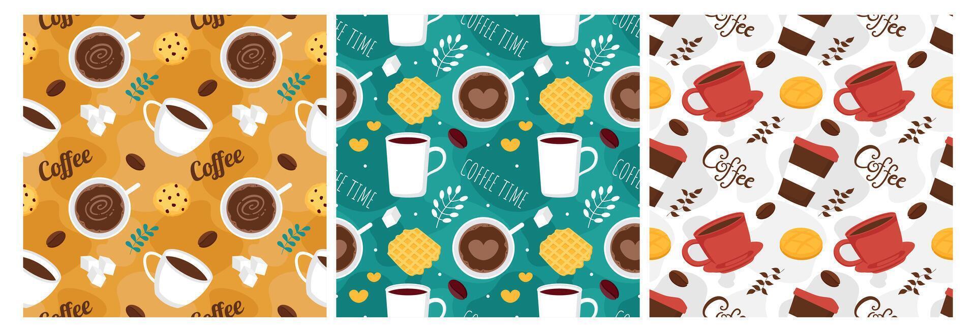 Coffee Time Seamless Pattern Design With Cacao Beans, Grains and Jug in Cartoon Flat Illustration vector