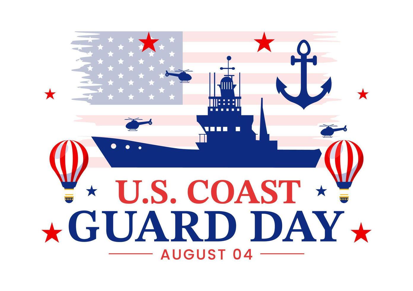 unido estados costa Guardia día ilustración en agosto 4 4 con americano ondulación bandera y Embarcacion en nacional fiesta plano dibujos animados antecedentes vector