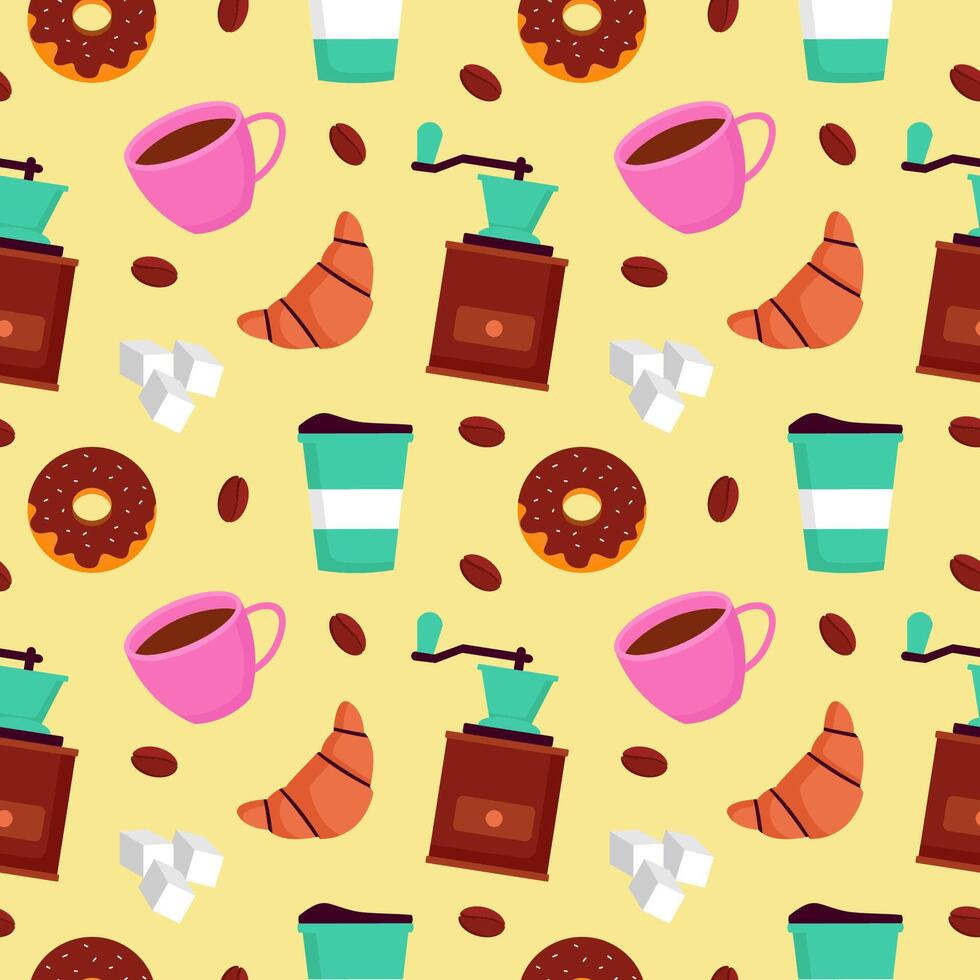 Coffee Time Seamless Pattern Design With Cacao Beans, Grains and Jug in Cartoon Flat Illustration vector