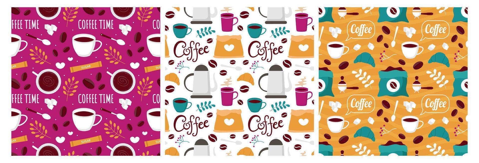 café hora sin costura modelo diseño con cacao frijoles, granos y jarra en dibujos animados plano ilustración vector