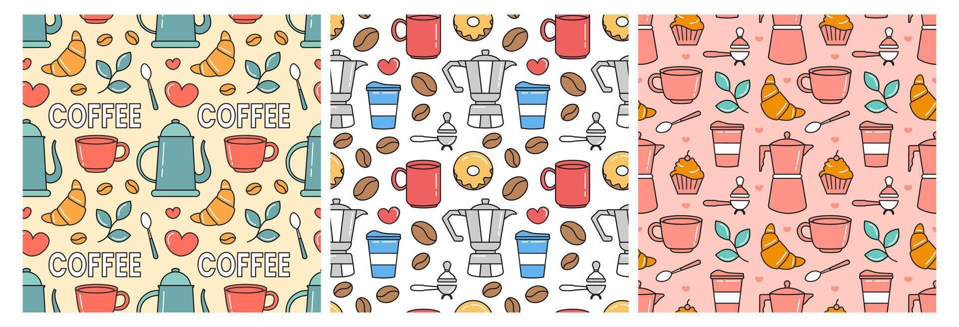 café hora sin costura modelo diseño con cacao frijoles, granos y jarra en dibujos animados plano ilustración vector