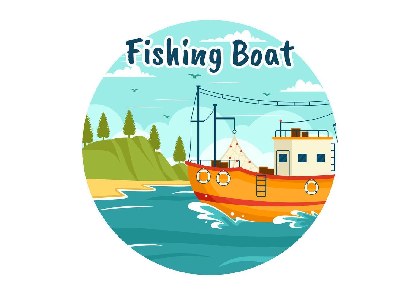 Fishing Boat Illustration with Fishermen Hunting Fish Using Ship at Sea in Flat Cartoon Background Design vector