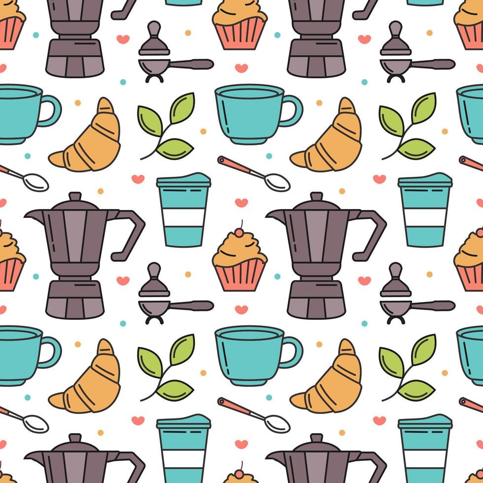 Coffee Time Seamless Pattern Design With Cacao Beans, Grains and Jug in Cartoon Flat Illustration vector