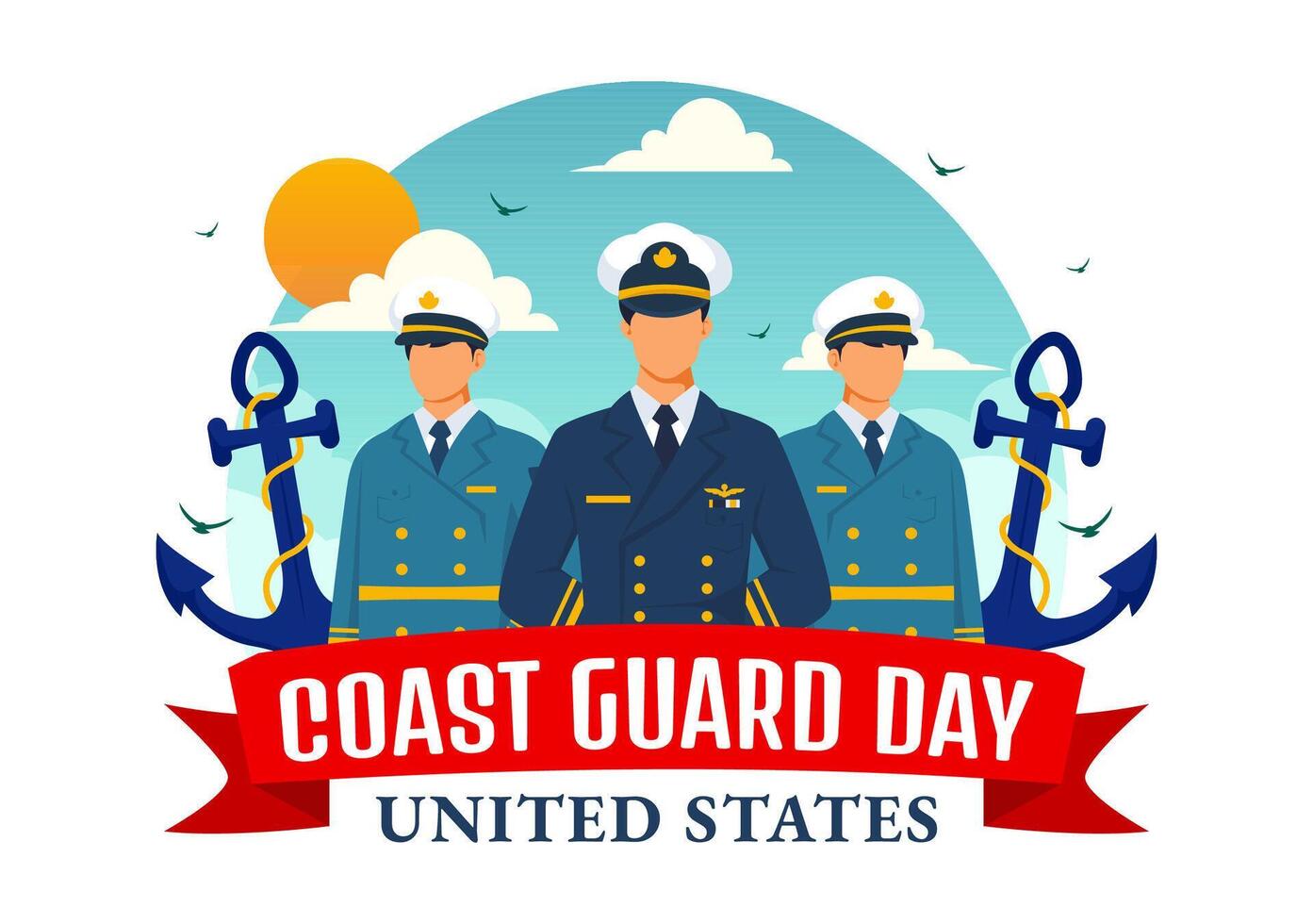 United States Coast Guard Day Illustration on August 4 with American Waving Flag and Ship in National Holiday Flat Cartoon Background vector