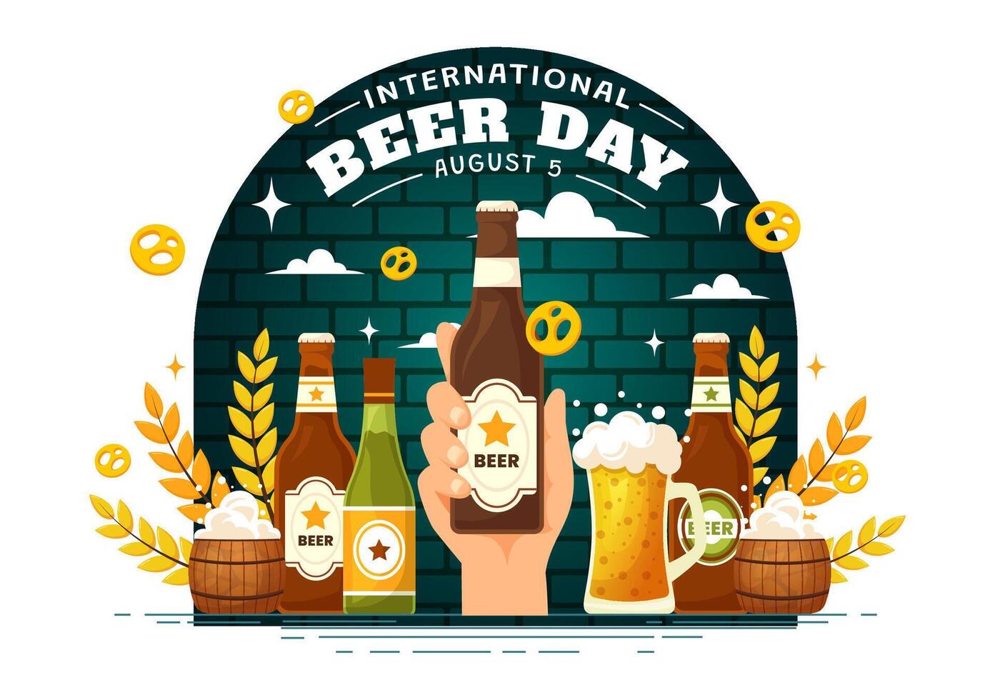 internacional cerveza día ilustración en 5 5 agosto con salud cervezas celebracion y fabricación de cerveza en plano dibujos animados antecedentes diseño vector