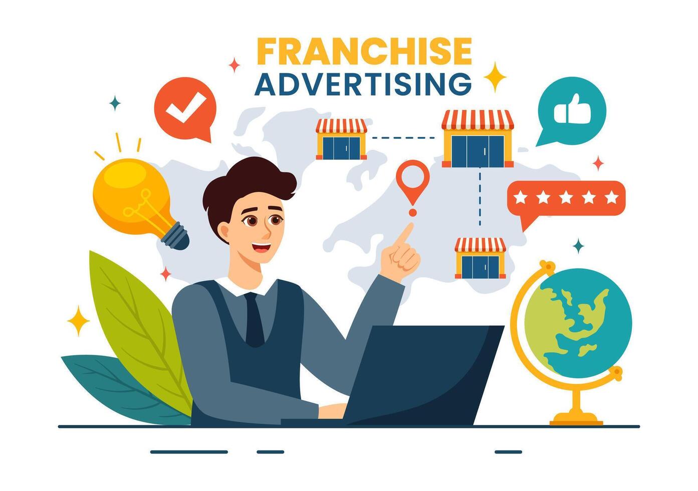 franquicia publicidad ilustración con negocio y Finanzas a promoviendo exitoso marca o márketing en plano dibujos animados antecedentes vector