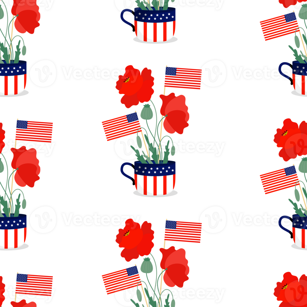 Seamless pattern. American flags with red poppy png