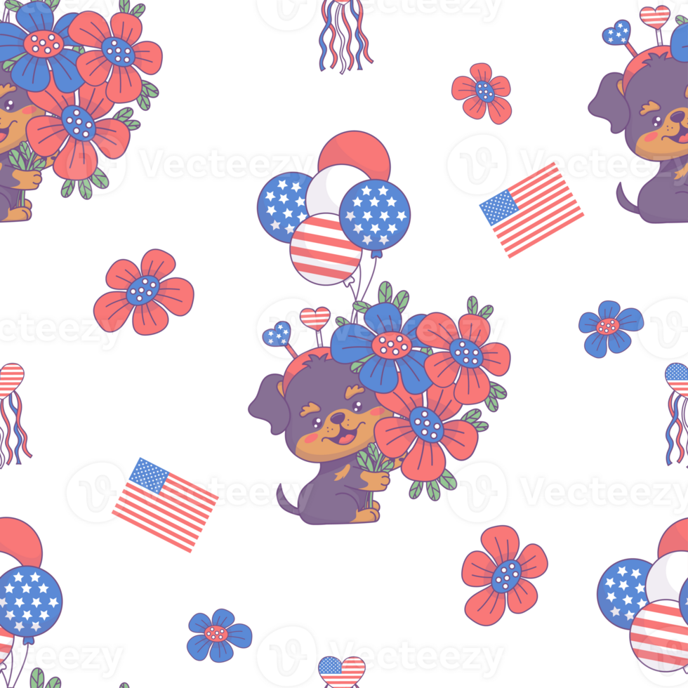 Seamless pattern with patriotic dog Rottweiler with flowers png