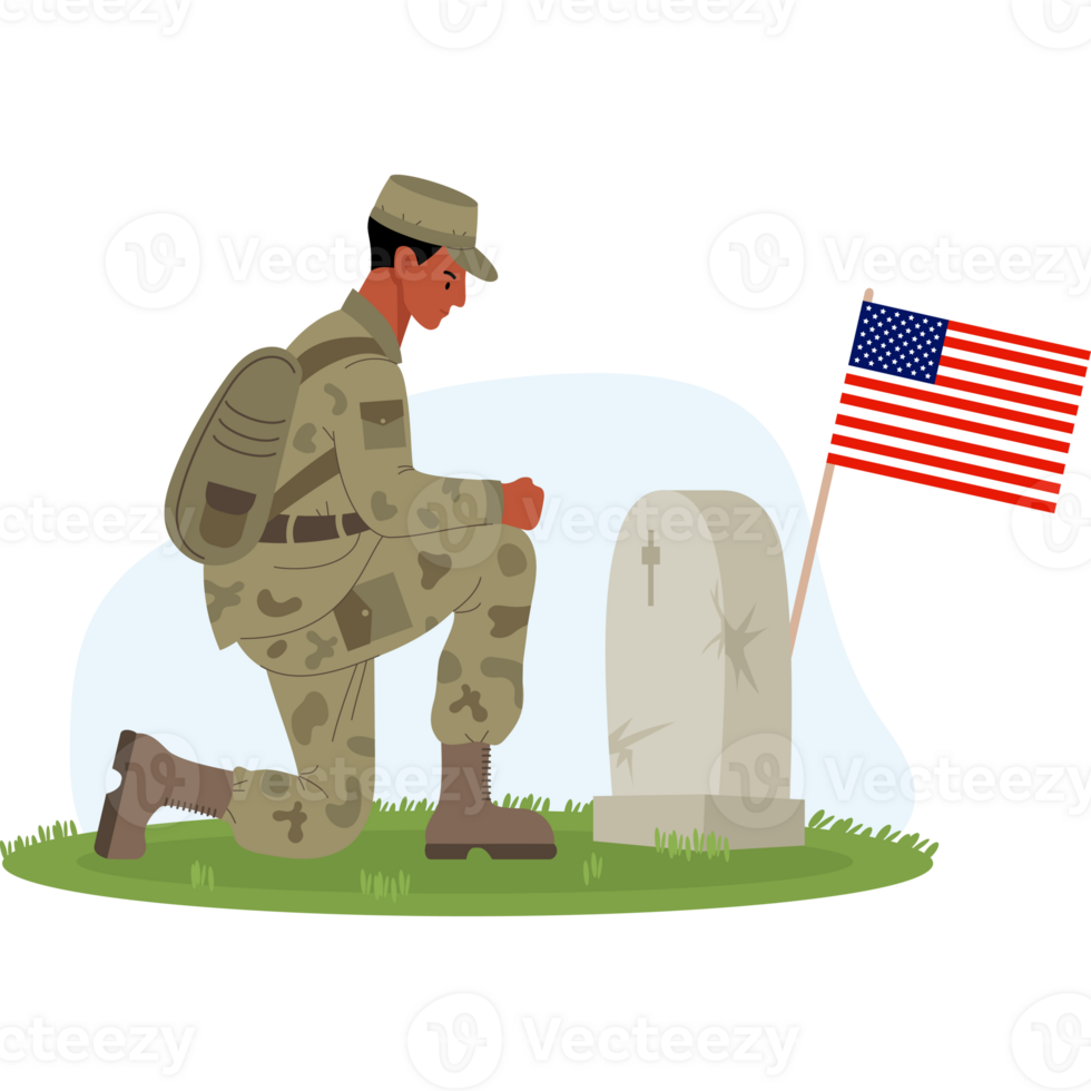 Military black soldier on one knee in front of American grave png