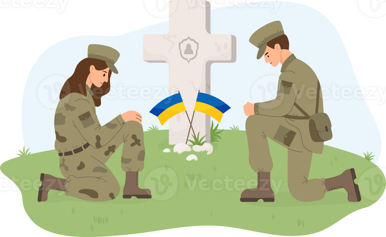 Military soldiers in front of grave with Ukrainian flags png