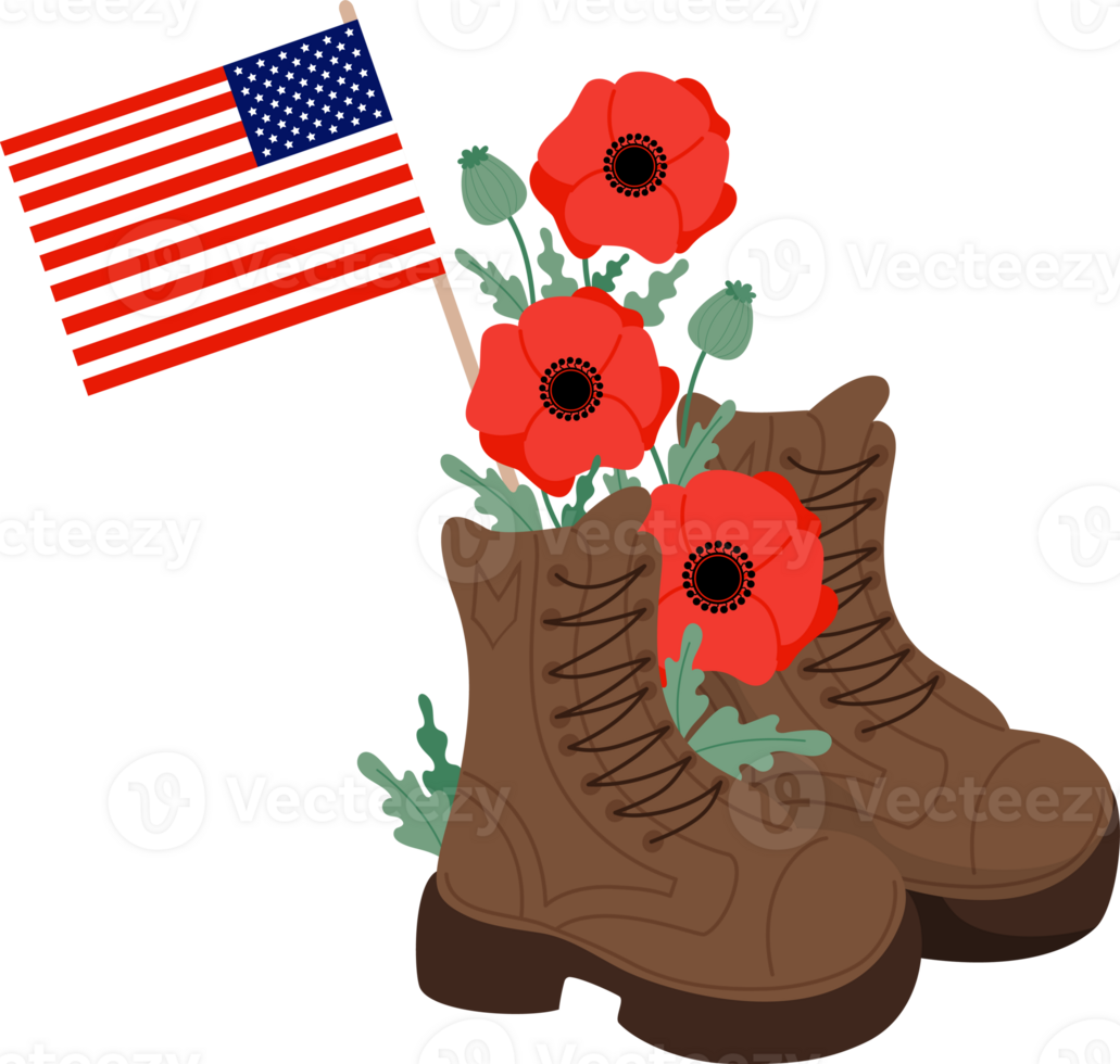 Militär- Veteran Stiefel mit rot Mohn und amerikanisch Flagge png