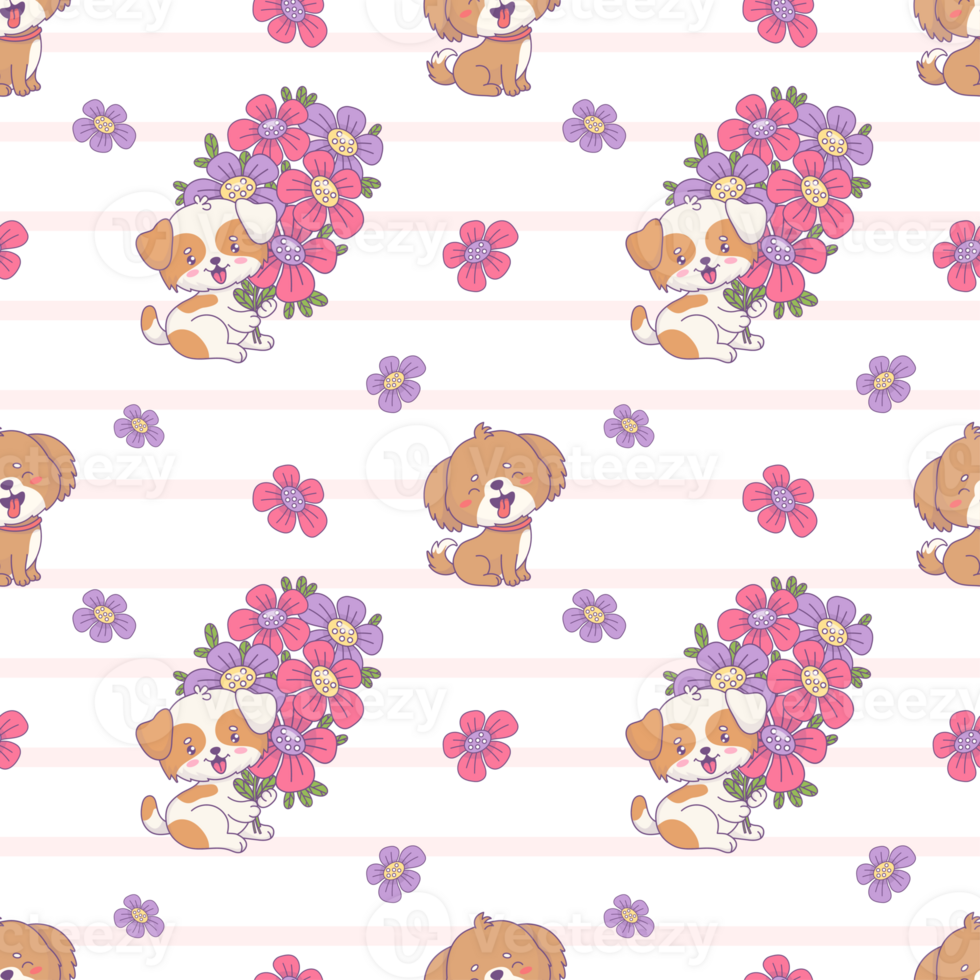 Seamless pattern with happy cartoon dogs with flowers png