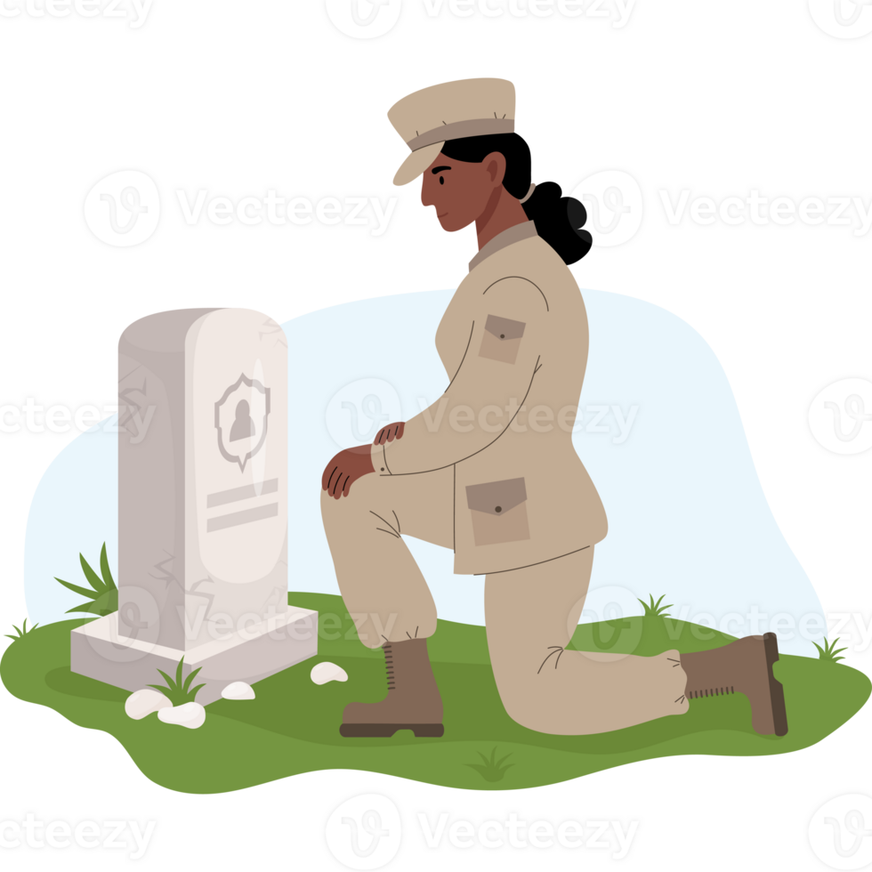 Military soldier black woman on one knee in front of gravestone png