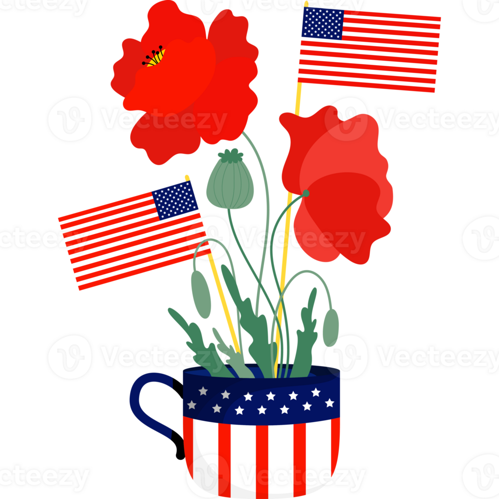 American flags in cup with red poppy flowers png
