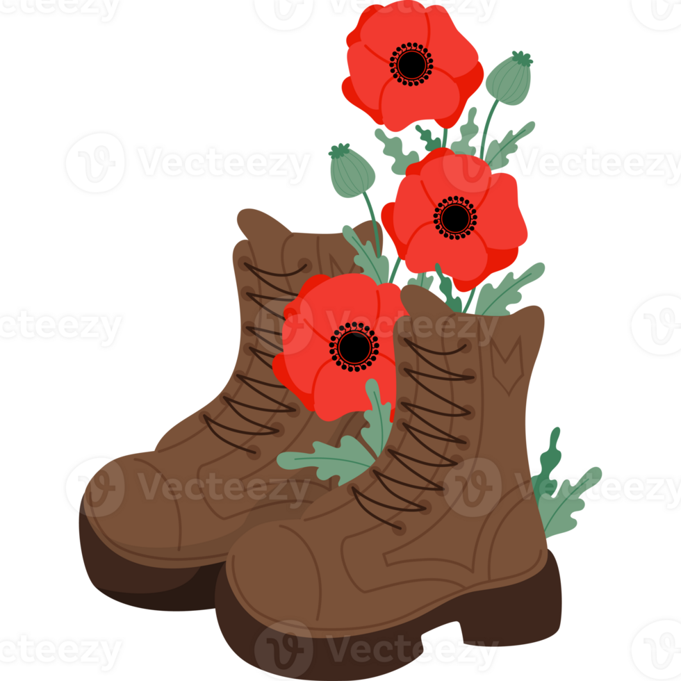 Military boots with red poppy flowers png