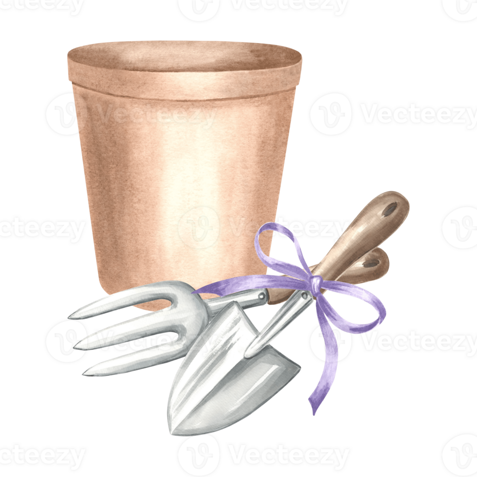 Flower pot with trowel and rake. Gardening tools and supplies. Hand drawn watercolor illustration, isolated composition for growing. Equipment for garden, plants Template for package, sticker, print. png