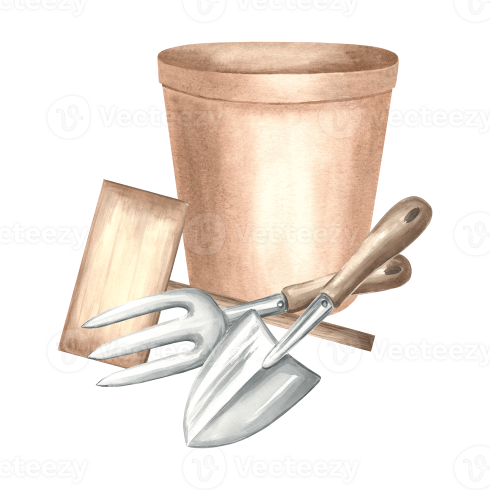 Flower pot with trowel, rake and sign. Gardening tools and supplies. Hand drawn watercolor illustration, isolated composition. Equipment for growing houseplants. Template for package, sticker, print. png