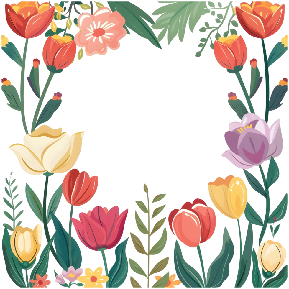 kader voor poster, versmallen vignet langs de zijden en de hoeken van de afbeelding, weinig voorjaar schattig wild helder pastel bloemen clip art tulp bloemen, png