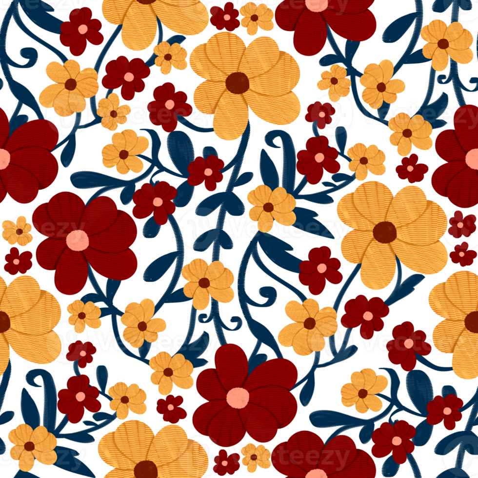 Hand drawn floral pattern with repeated elements of botanical theme, textured lines png