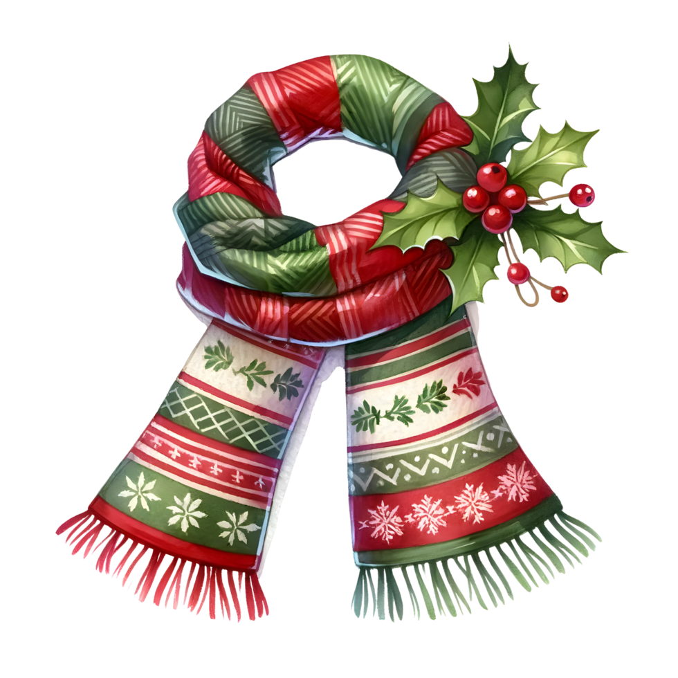Festive Christmas Scarf Adorned with Holly Leaves and Berries Illustration png