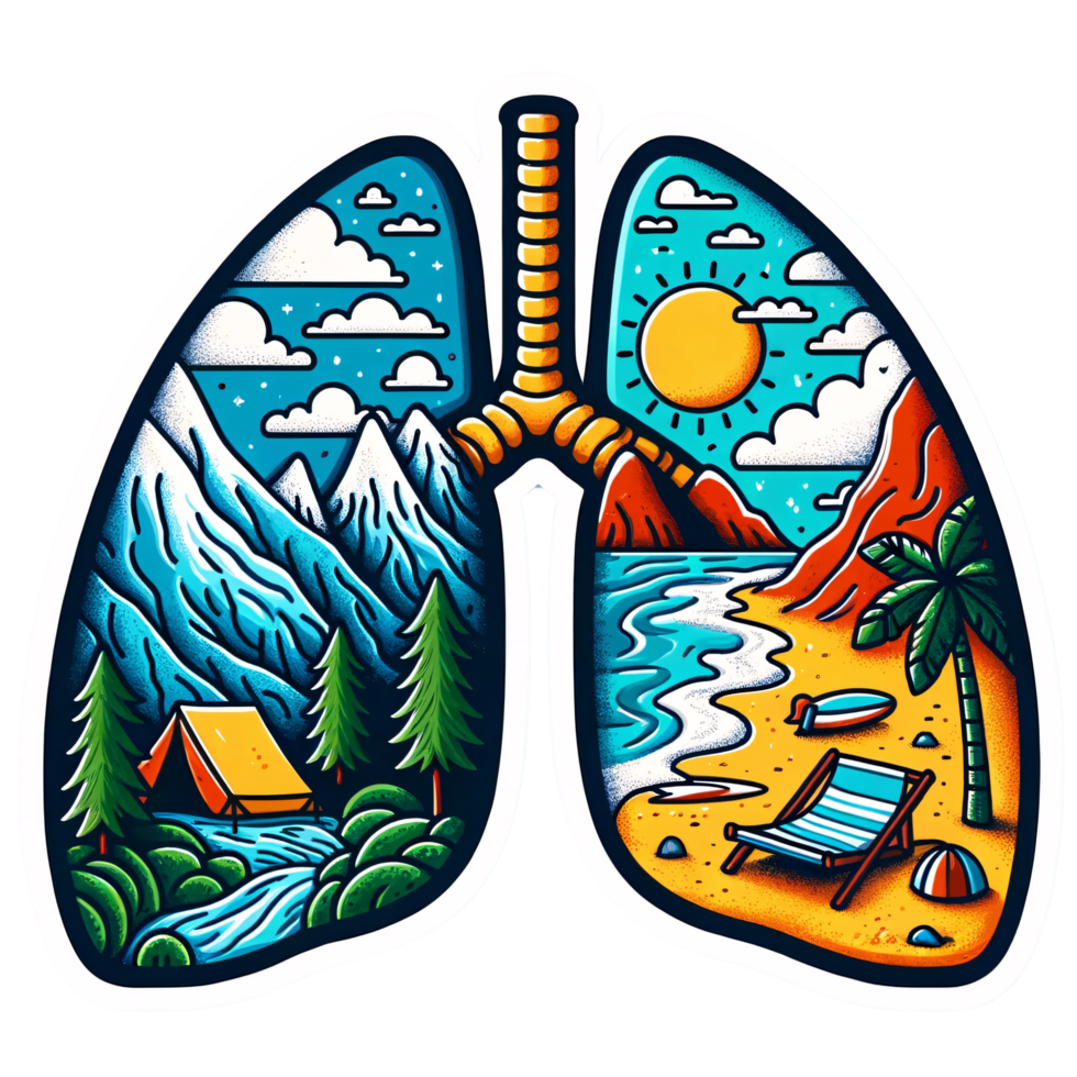 Artistic Illustration of Lungs with Contrasting Mountain and Beach Landscapes png