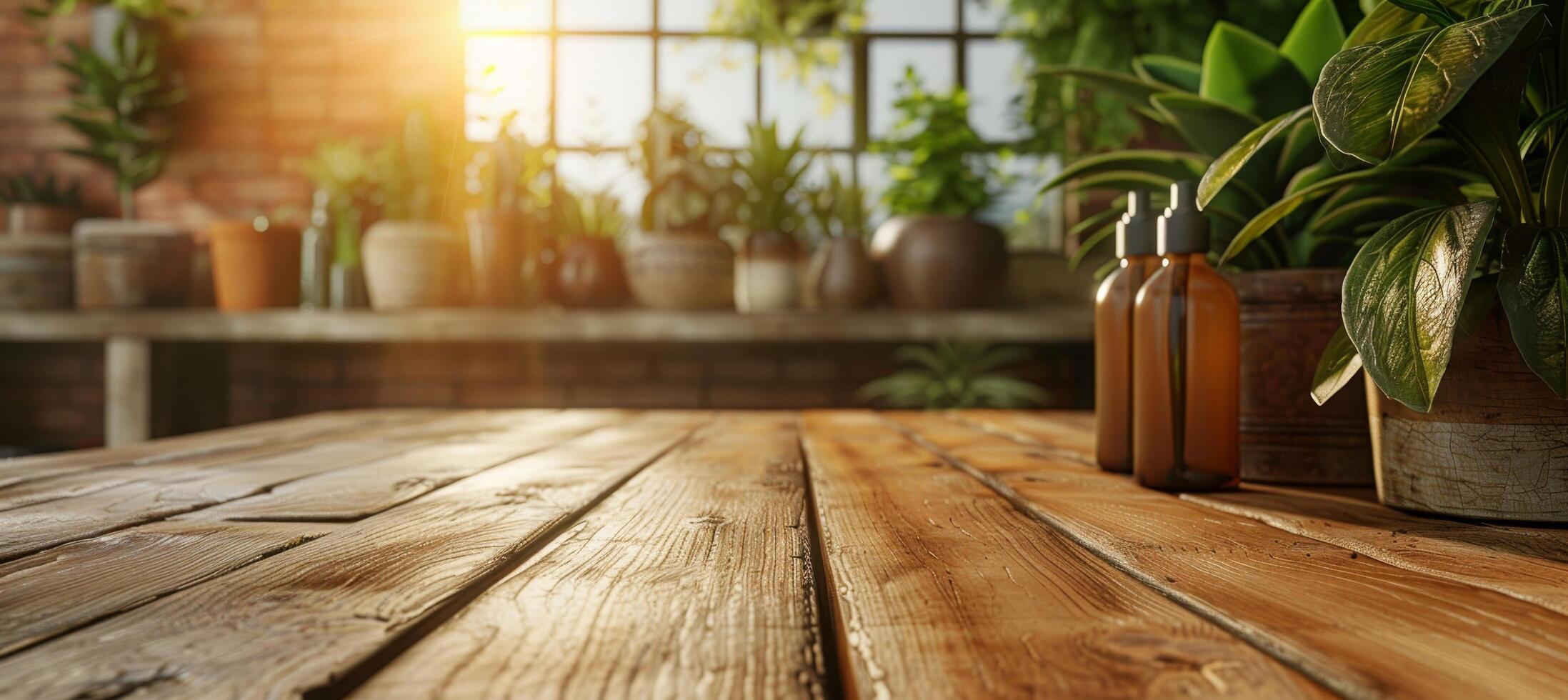 Stylish hairdressing equipment on wooden table in salon with blurred ambient background photo