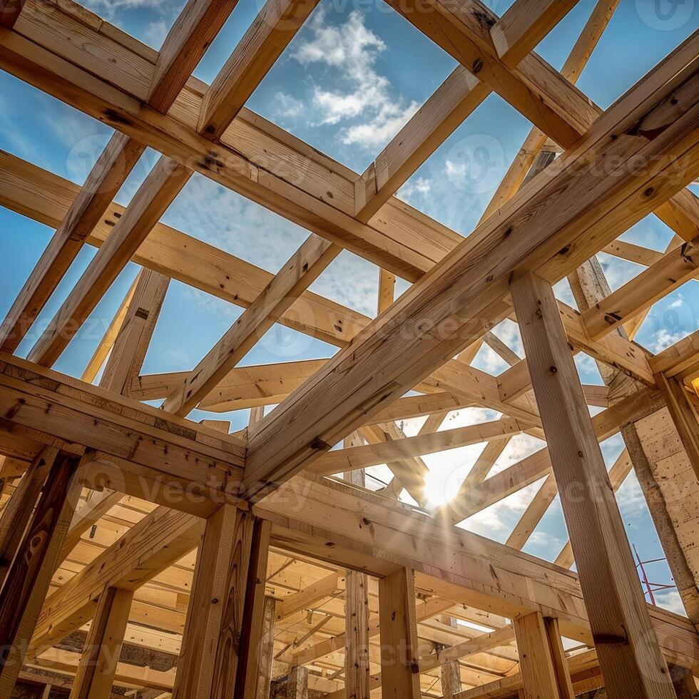 Wooden house construction frame building the foundation of a rustic and charming home photo
