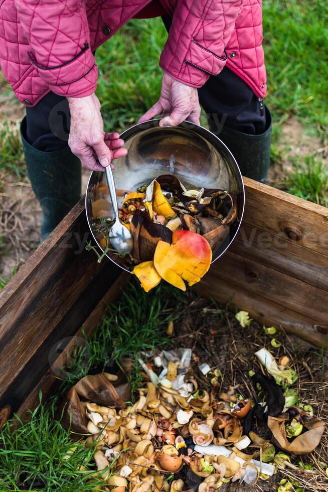 Person who put in a composter some kitchen waste like vegetables, fruits, eggshell, coffee grounds in order to sort and make bio fertilizer photo