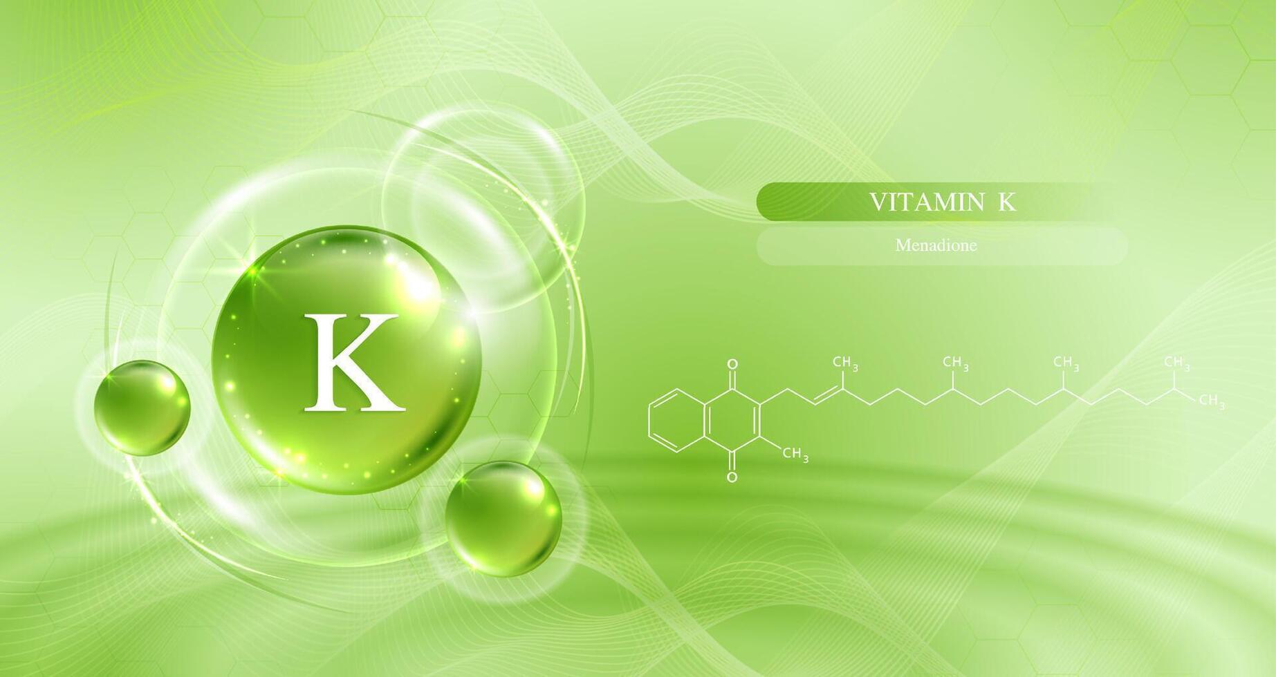 Vitamin K and structure. vitamin complex with chemical formula from nature. beauty treatment nutrition skin care design. Medical and scientific concepts. design. vector