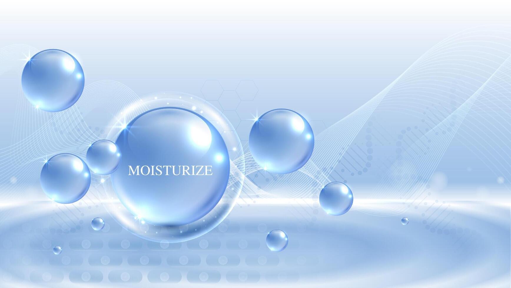 Moisturizer and hyaluronic acid on a blue background. skin care with water droplets is absorbed into the skin and cells. use ads, lotions, serums, creams. medical and scientific concepts. . vector
